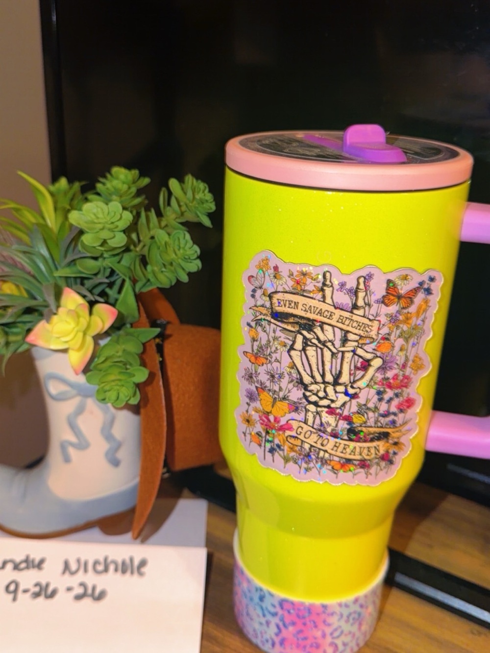 HydroJug Neon Yellow Travel Tumbler with Pink Lid and Handle